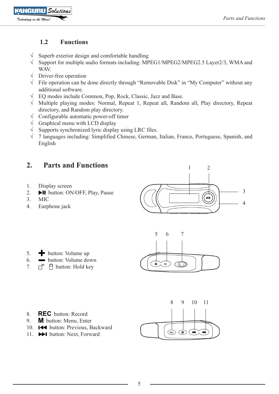 2 functions, Parts and functions | Kanguru MP3 v3 User Manual | Page 5 / 14