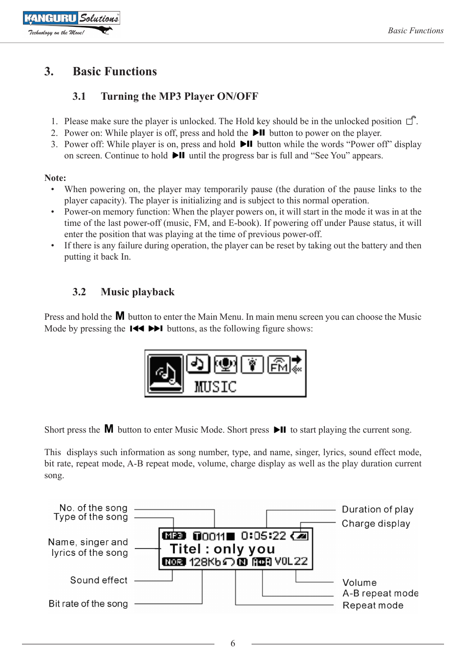 Basic functions, 1 turning the mp3 player on/off, 2 music playback | Kanguru MP3 v3 User Manual | Page 6 / 14