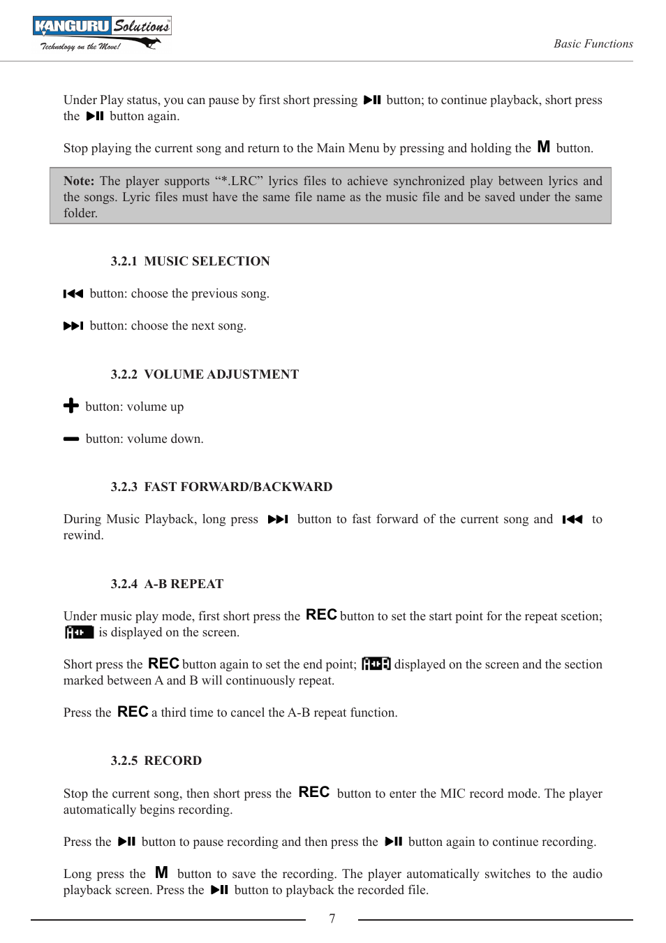 1 music selection, 2 volume adjustment, 3 fast forward/backward | 4 a-b repeat, 5 record | Kanguru MP3 v3 User Manual | Page 7 / 14
