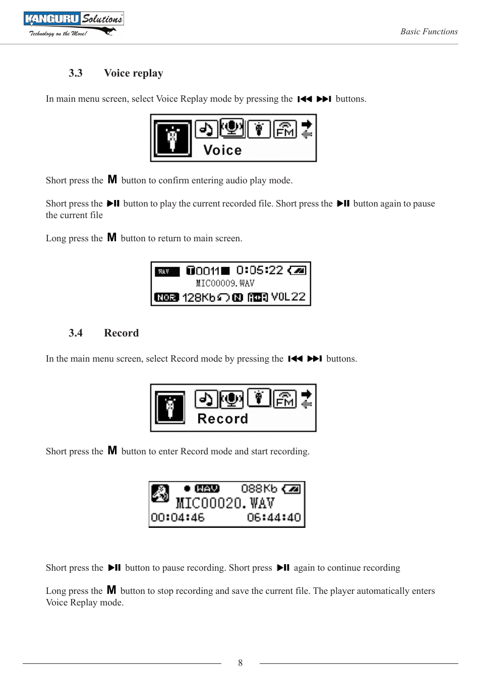 3 voice replay, 4 record | Kanguru MP3 v3 User Manual | Page 8 / 14