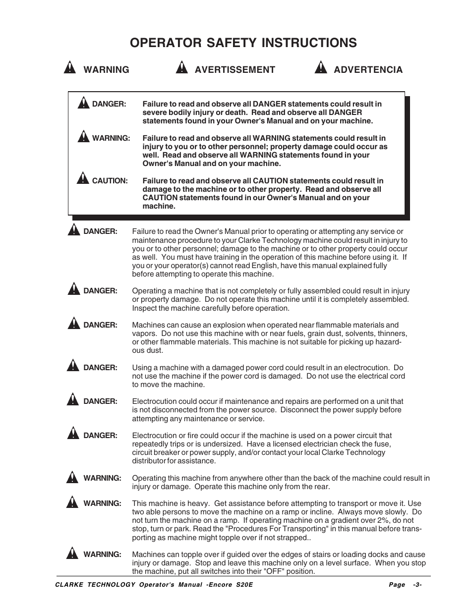 Operator safety instructions | Clarke Encore S20E User Manual | Page 3 / 23