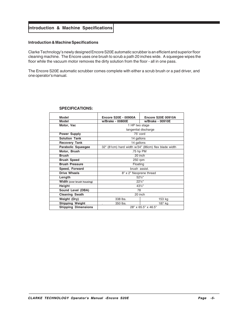 Introduction & machine specifications | Clarke Encore S20E User Manual | Page 5 / 23