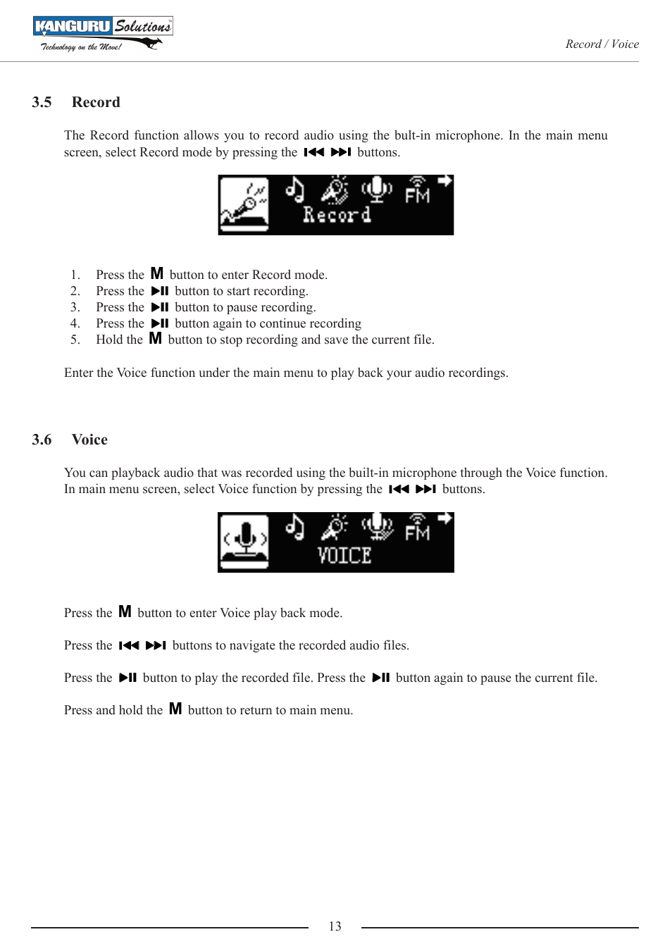 Record, Voice | Kanguru MP3 v4 User Manual | Page 13 / 20