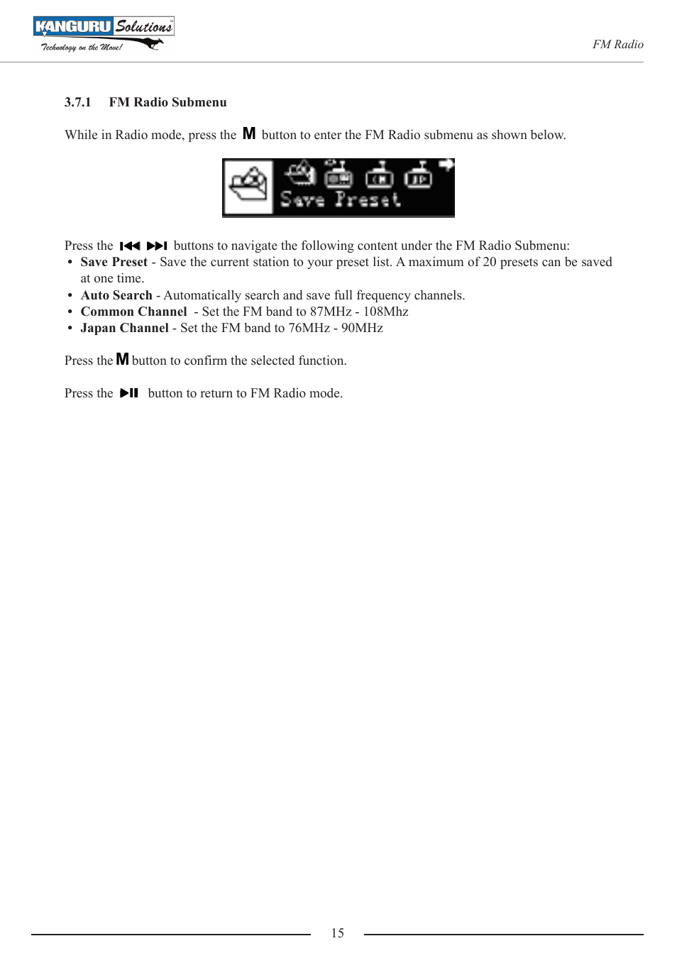 Fm radio submenu | Kanguru MP3 v4 User Manual | Page 15 / 20