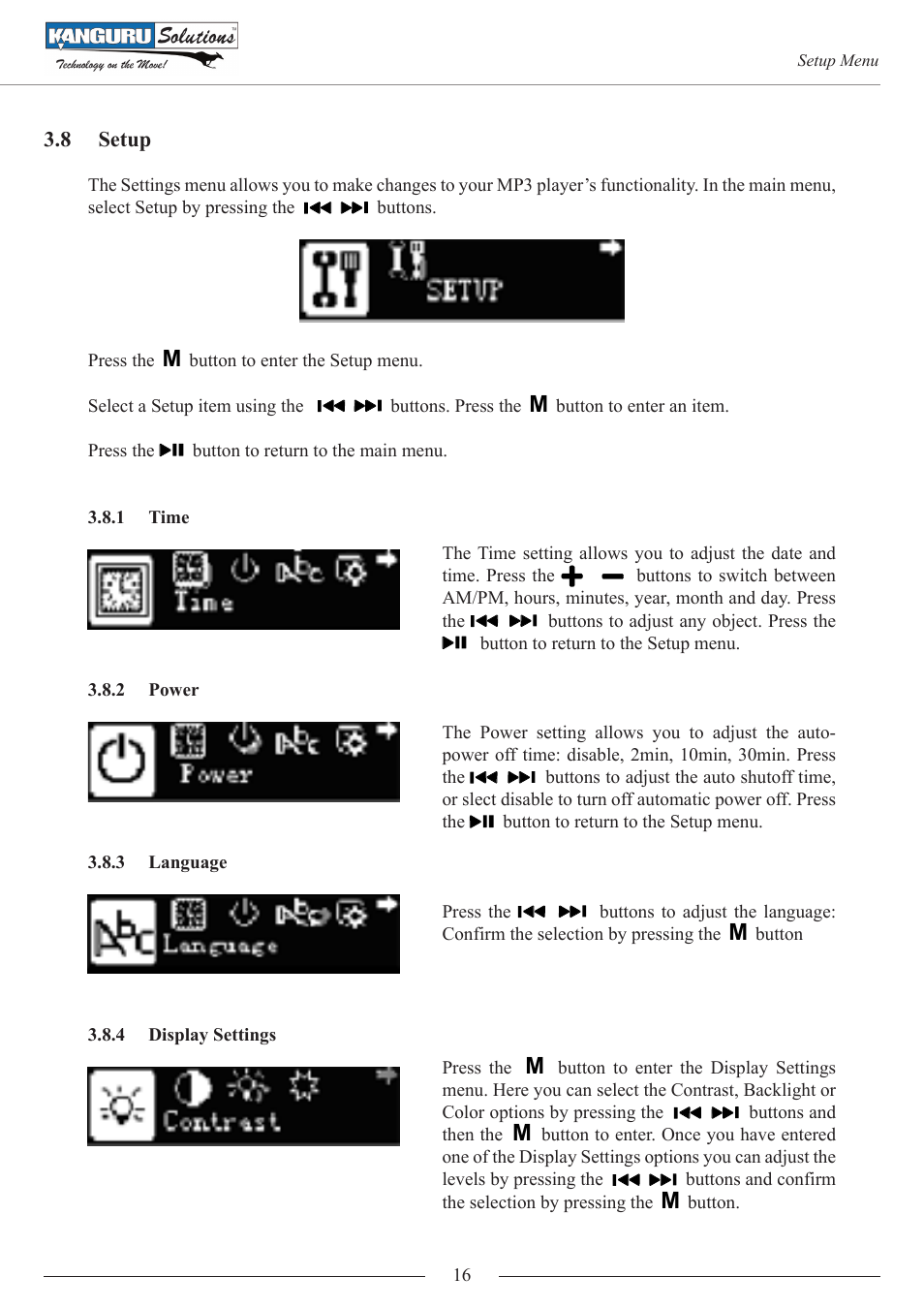Setup, Time, Power | Language, Display settings | Kanguru MP3 v4 User Manual | Page 16 / 20