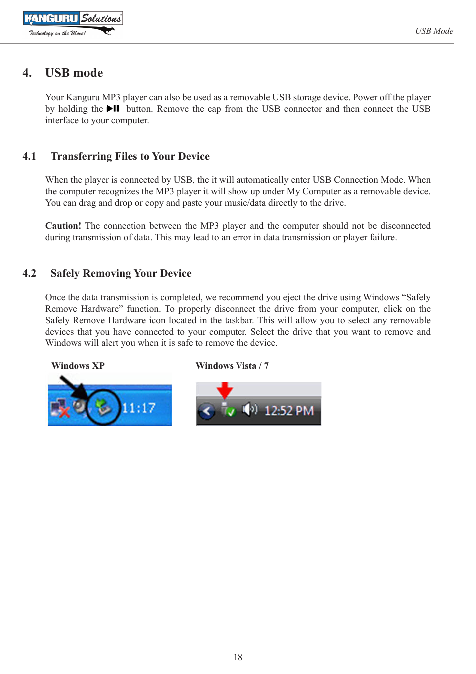 Usb mode, Transferring files to your device, Safely removing your device | Kanguru MP3 v4 User Manual | Page 18 / 20