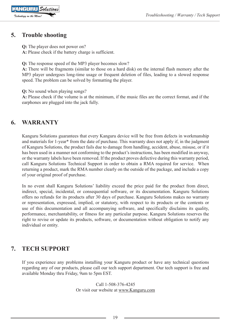 Trouble shooting, Warranty, Tech support | Kanguru MP3 v4 User Manual | Page 19 / 20