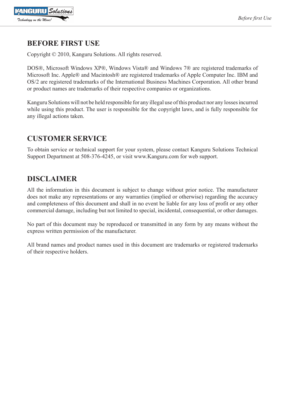 Before first use, Customer service, Disclaimer | Kanguru MP3 v4 User Manual | Page 2 / 20