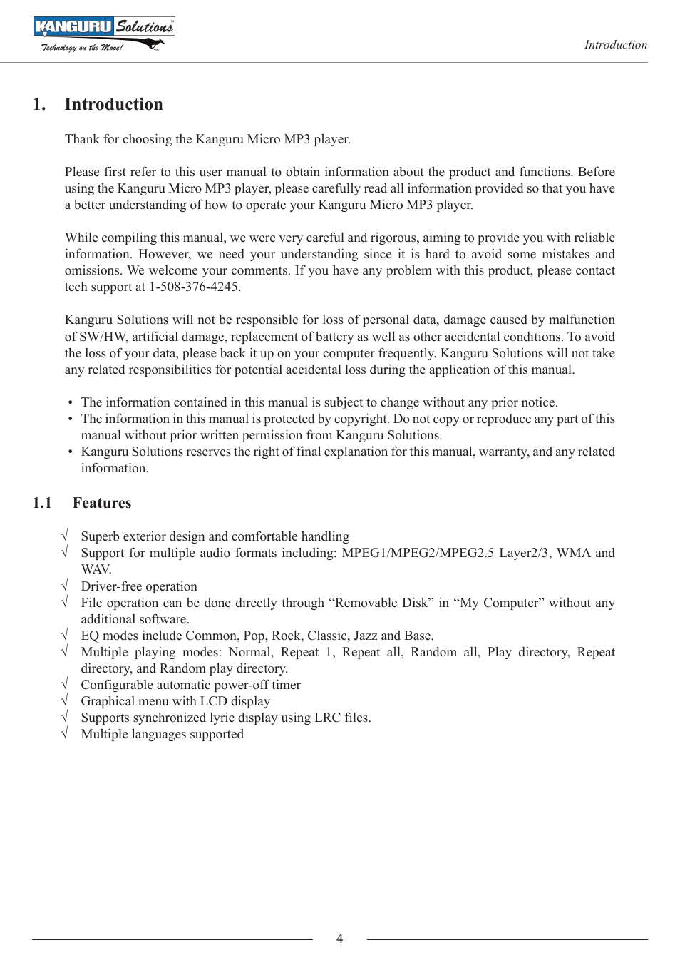 Introduction, Features | Kanguru MP3 v4 User Manual | Page 4 / 20