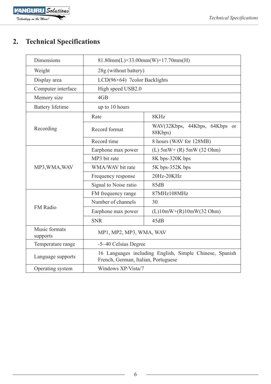 Technical specifications | Kanguru MP3 v4 User Manual | Page 6 / 20