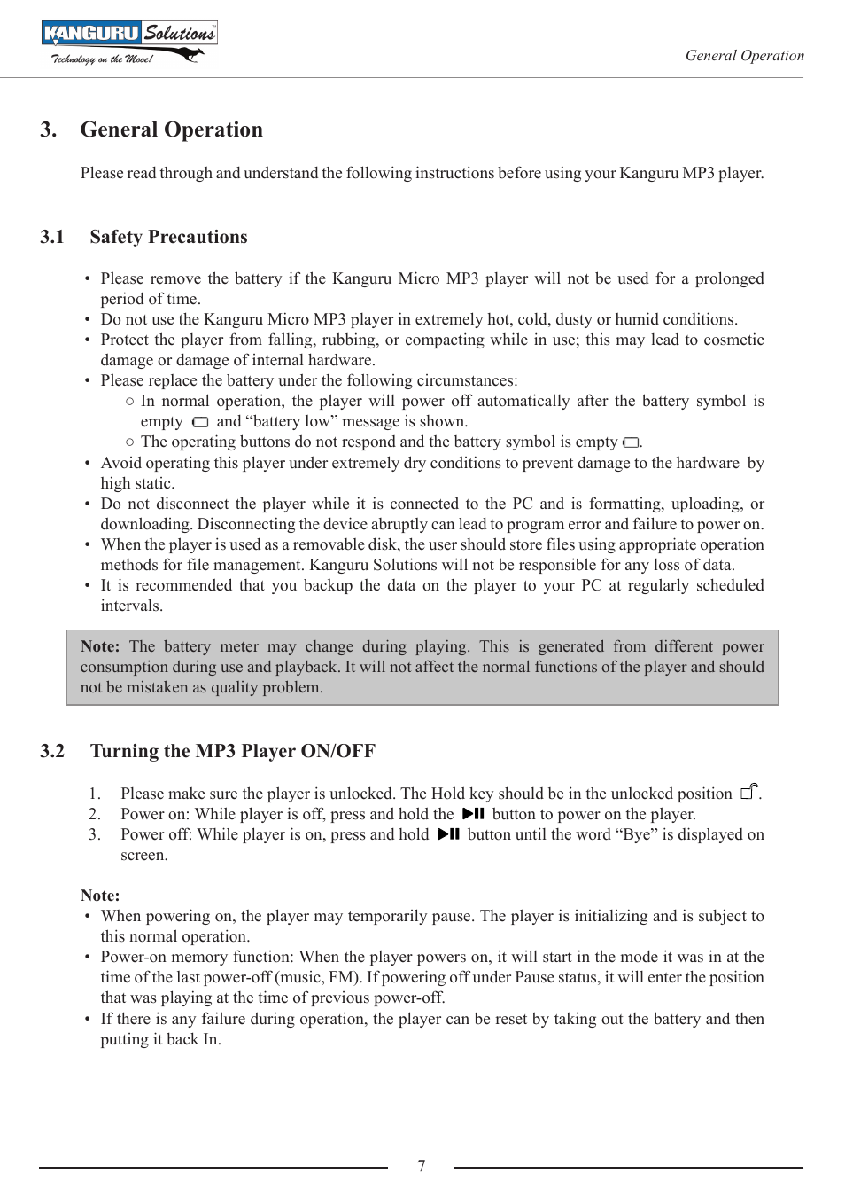 General operation, Safety precautions, Turning the mp3 player on/off | Kanguru MP3 v4 User Manual | Page 7 / 20