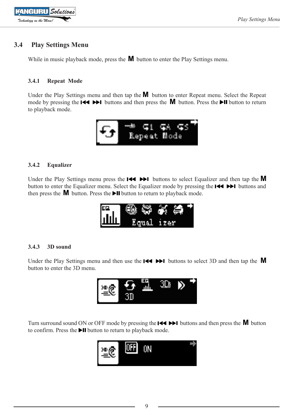 Play settings menu, Repeat mode, Equalizer | 3d sound | Kanguru MP3 v4 User Manual | Page 9 / 20