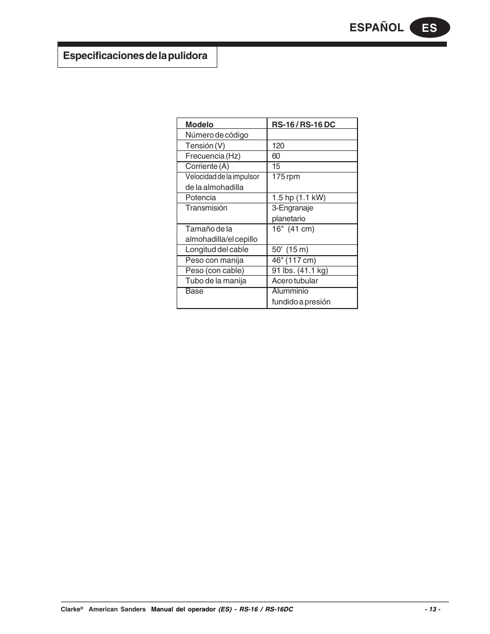 Es español, Especificaciones de la pulidora | Clarke RS-16 User Manual | Page 13 / 34