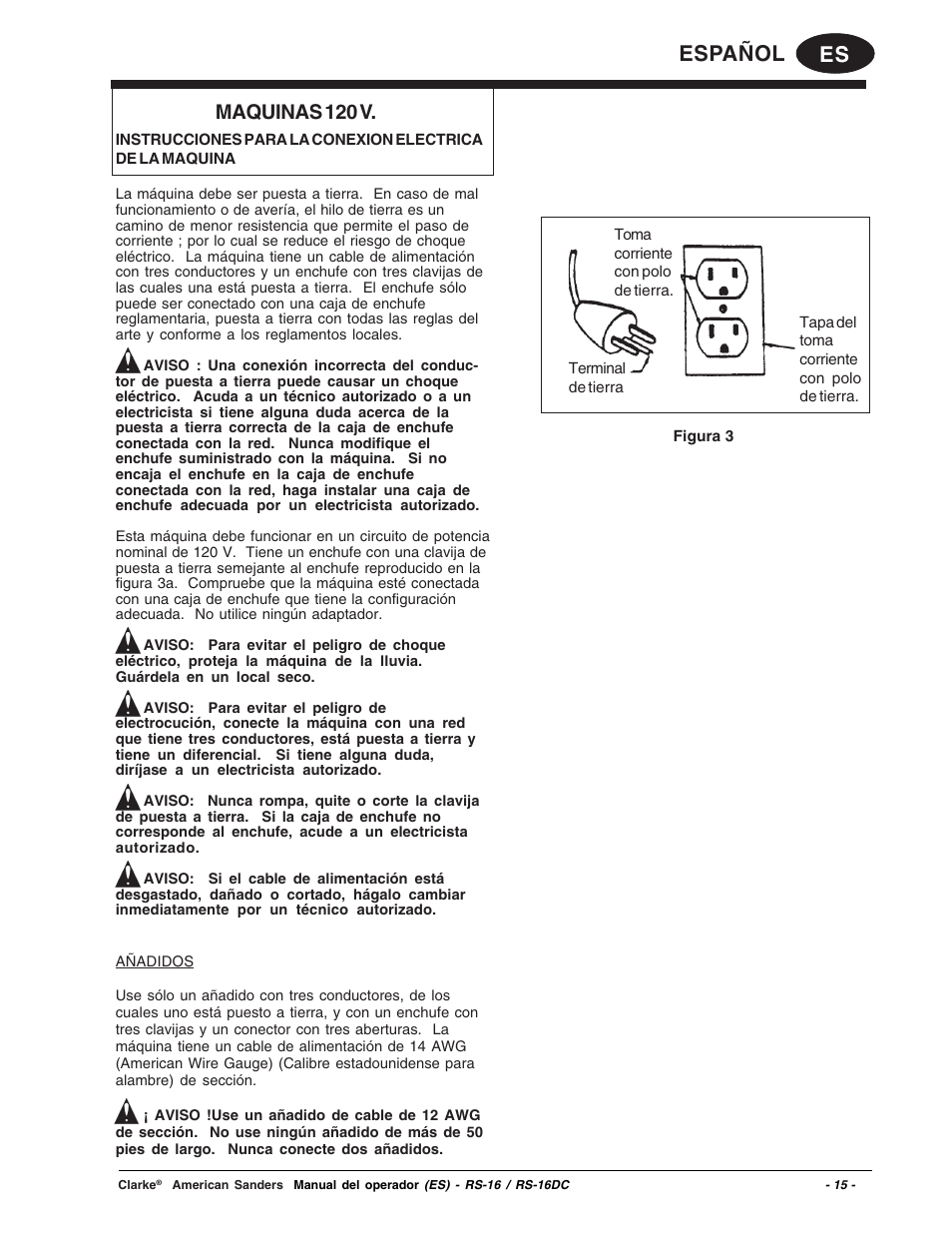 Es español, Maquinas 120 v | Clarke RS-16 User Manual | Page 15 / 34