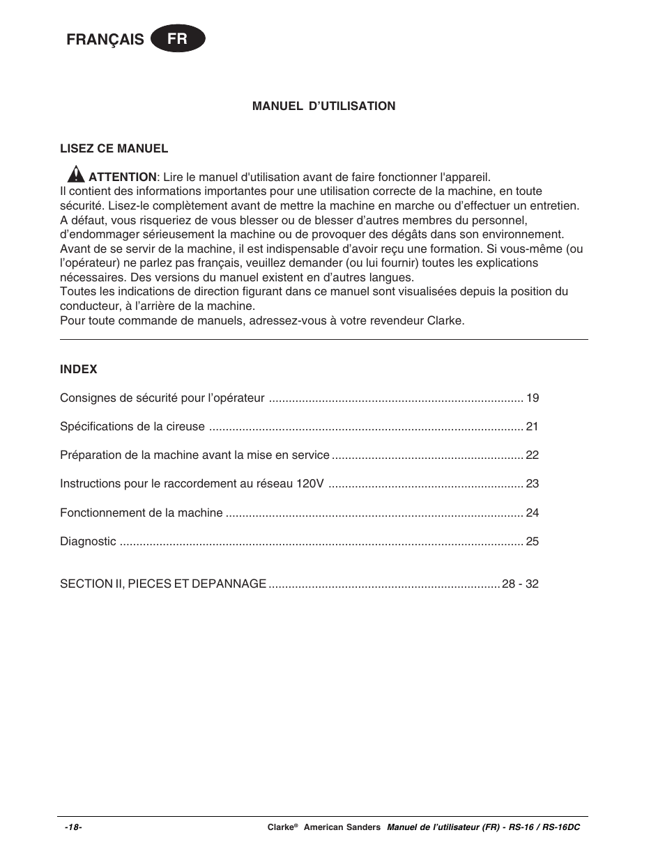 Fr français | Clarke RS-16 User Manual | Page 18 / 34