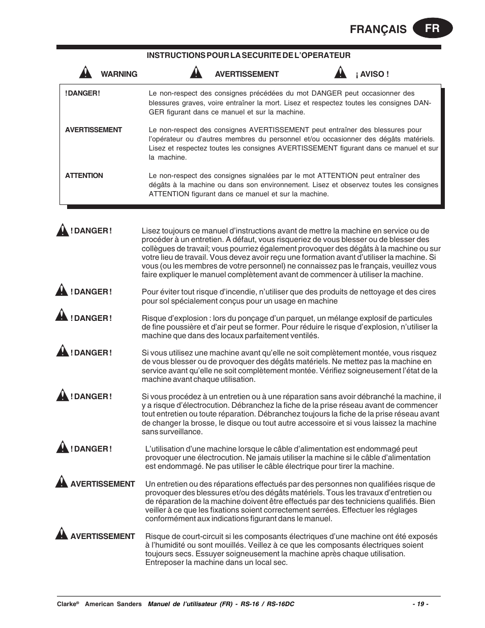 Fr français | Clarke RS-16 User Manual | Page 19 / 34