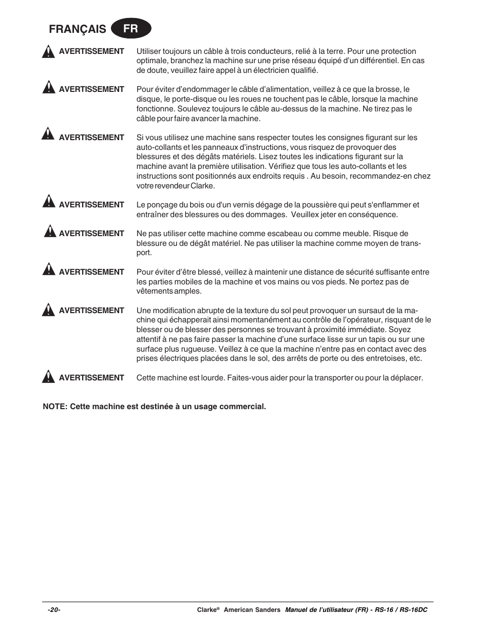 Fr français | Clarke RS-16 User Manual | Page 20 / 34