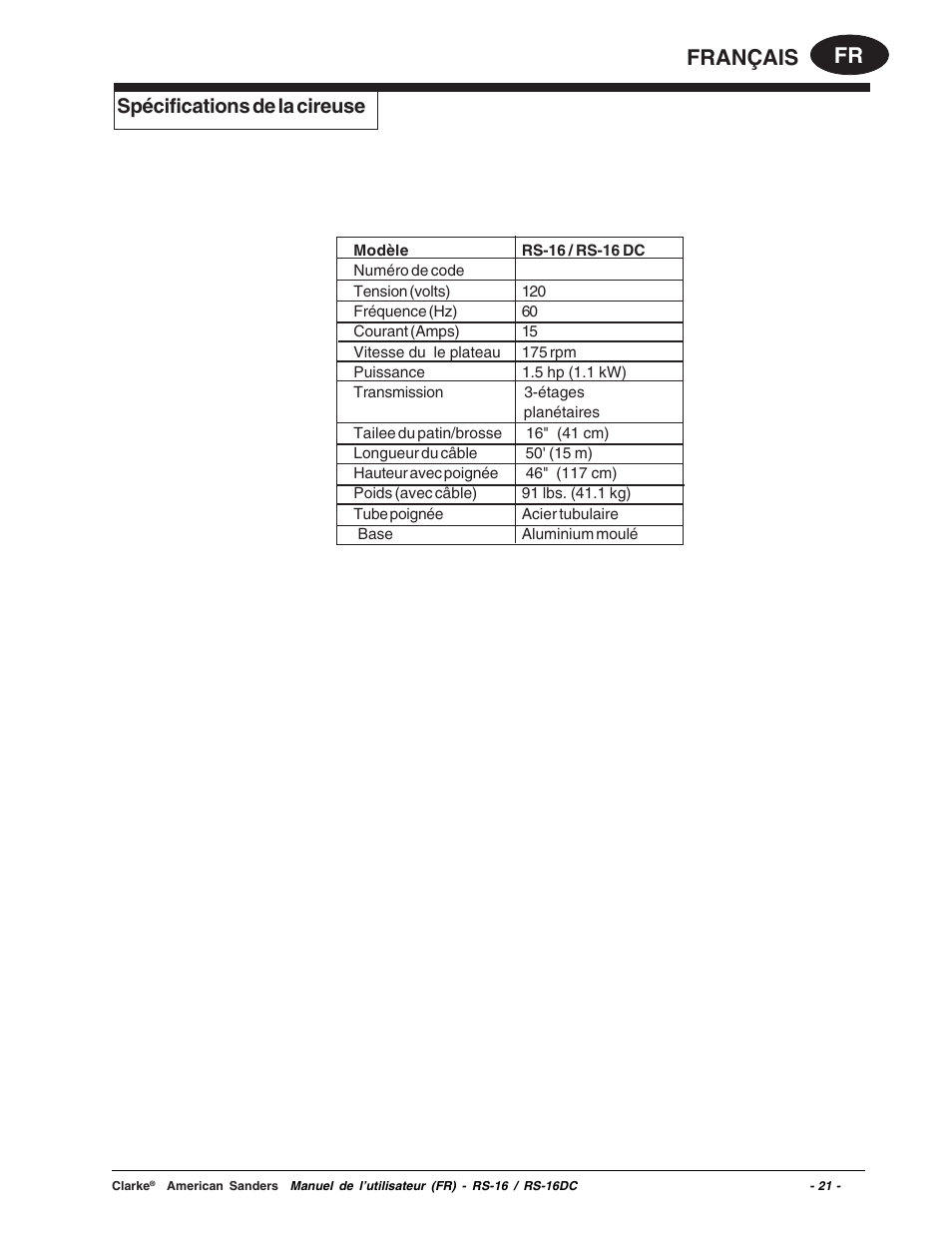 Fr français, Spécifications de la cireuse | Clarke RS-16 User Manual | Page 21 / 34