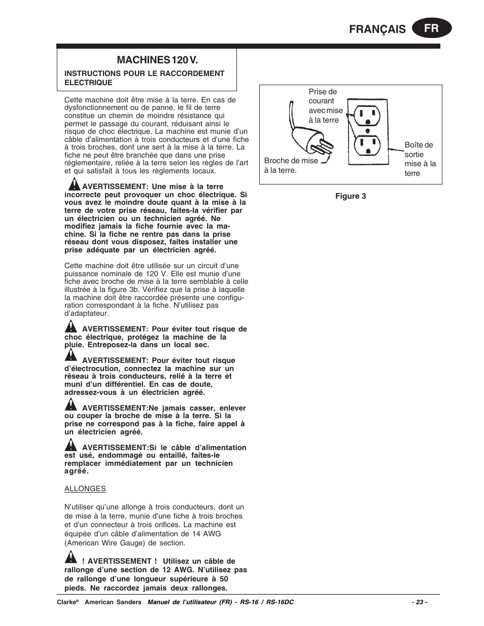 Fr français, Machines 120 v | Clarke RS-16 User Manual | Page 23 / 34