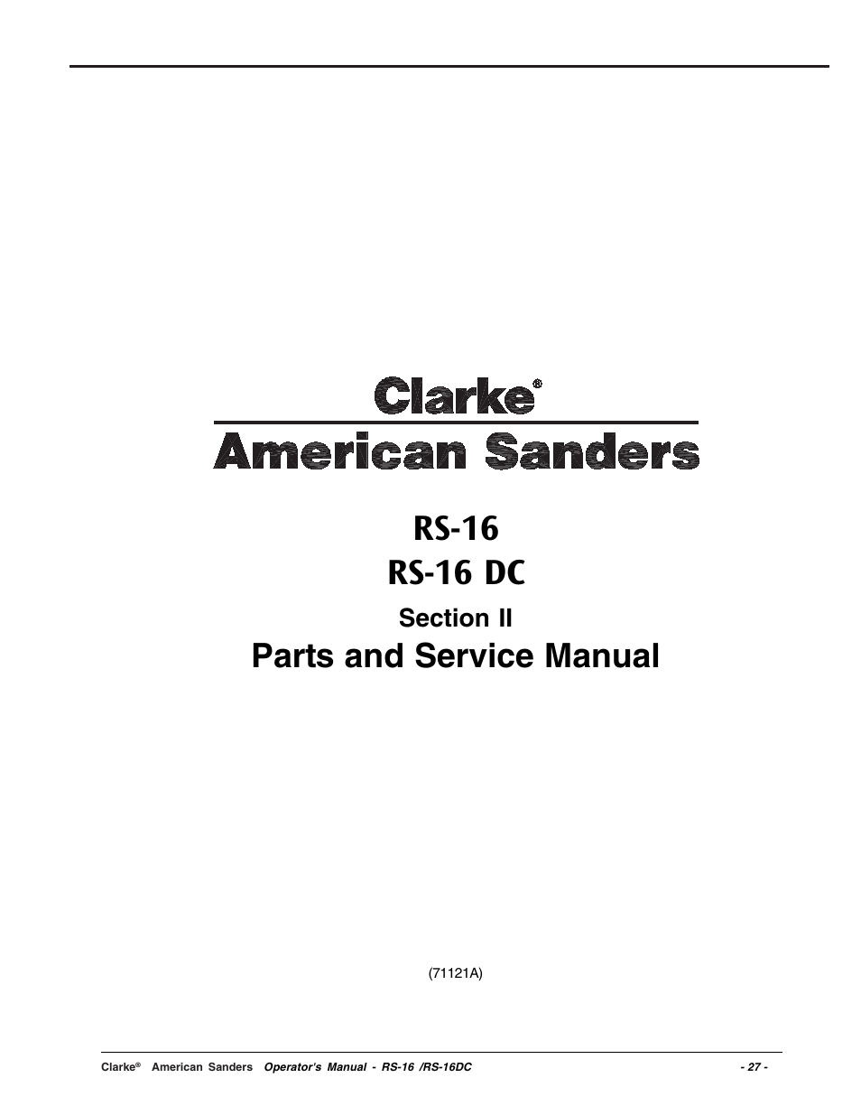 Rs-16 rs-16 dc, Parts and service manual | Clarke RS-16 User Manual | Page 27 / 34