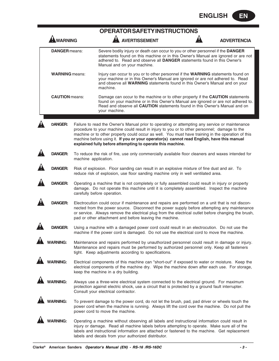 En english, Operator safety instructions | Clarke RS-16 User Manual | Page 3 / 34