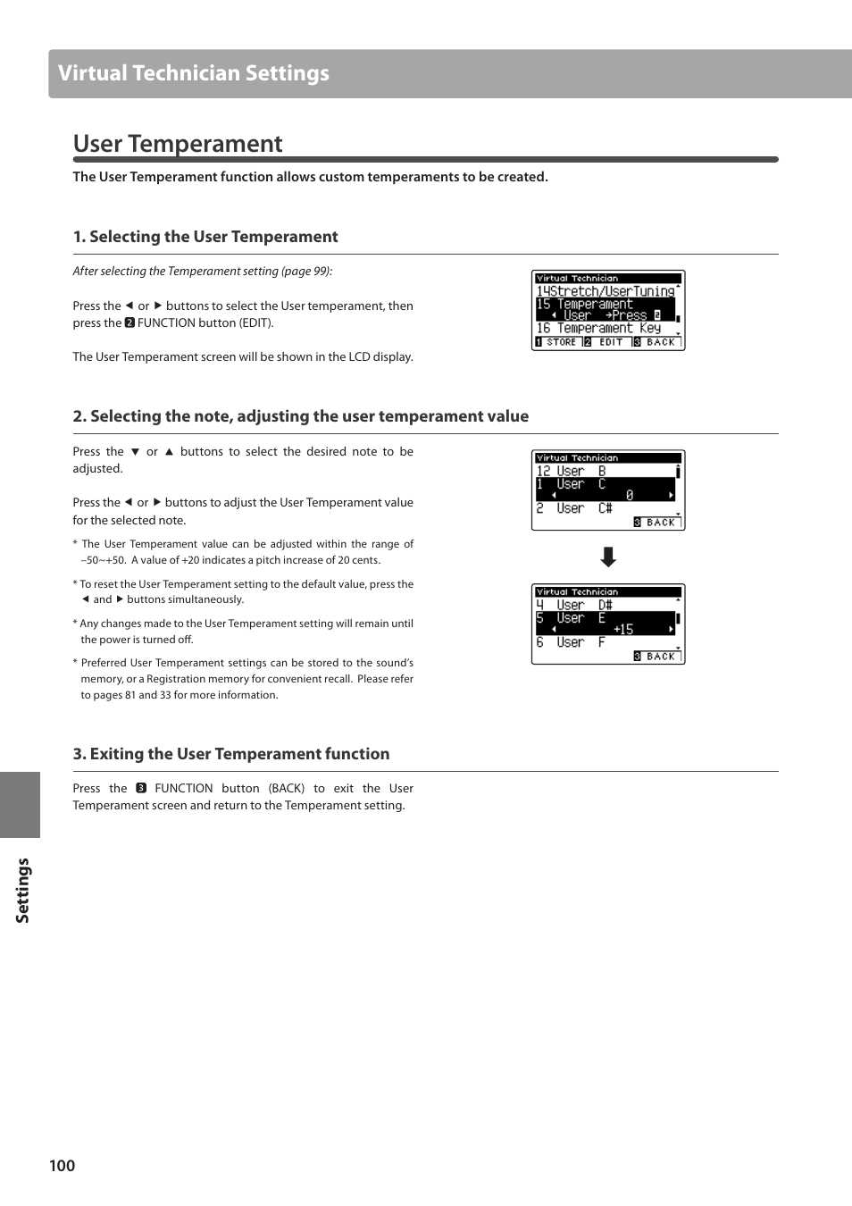 User temperament, Virtual technician settings, Set tings | Selecting the user temperament, Exiting the user temperament function | Kawai CA97 User Manual | Page 100 / 152