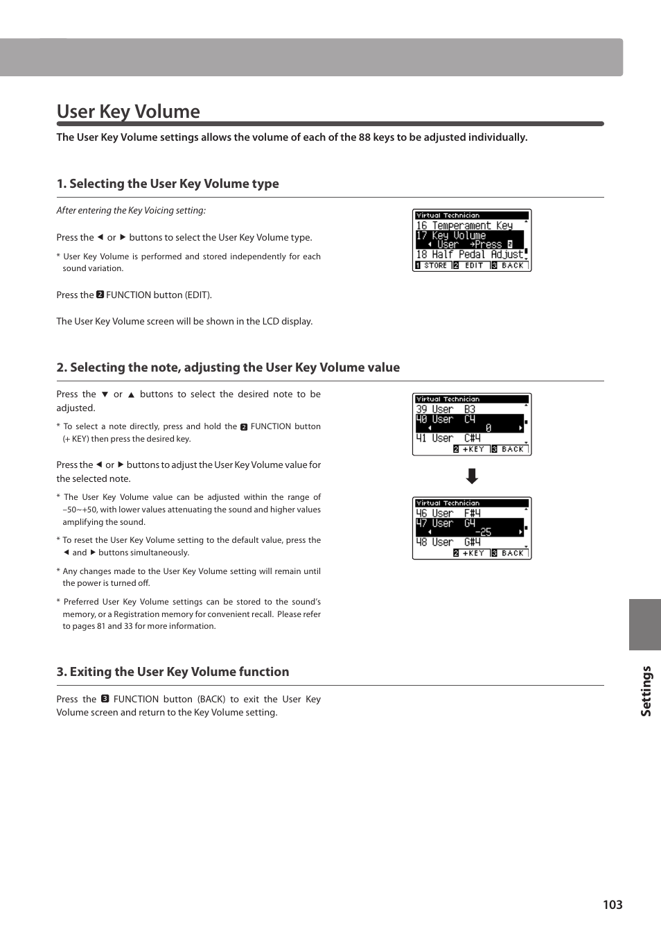 User key volume, Set tings, Selecting the user key volume type | Exiting the user key volume function | Kawai CA97 User Manual | Page 103 / 152