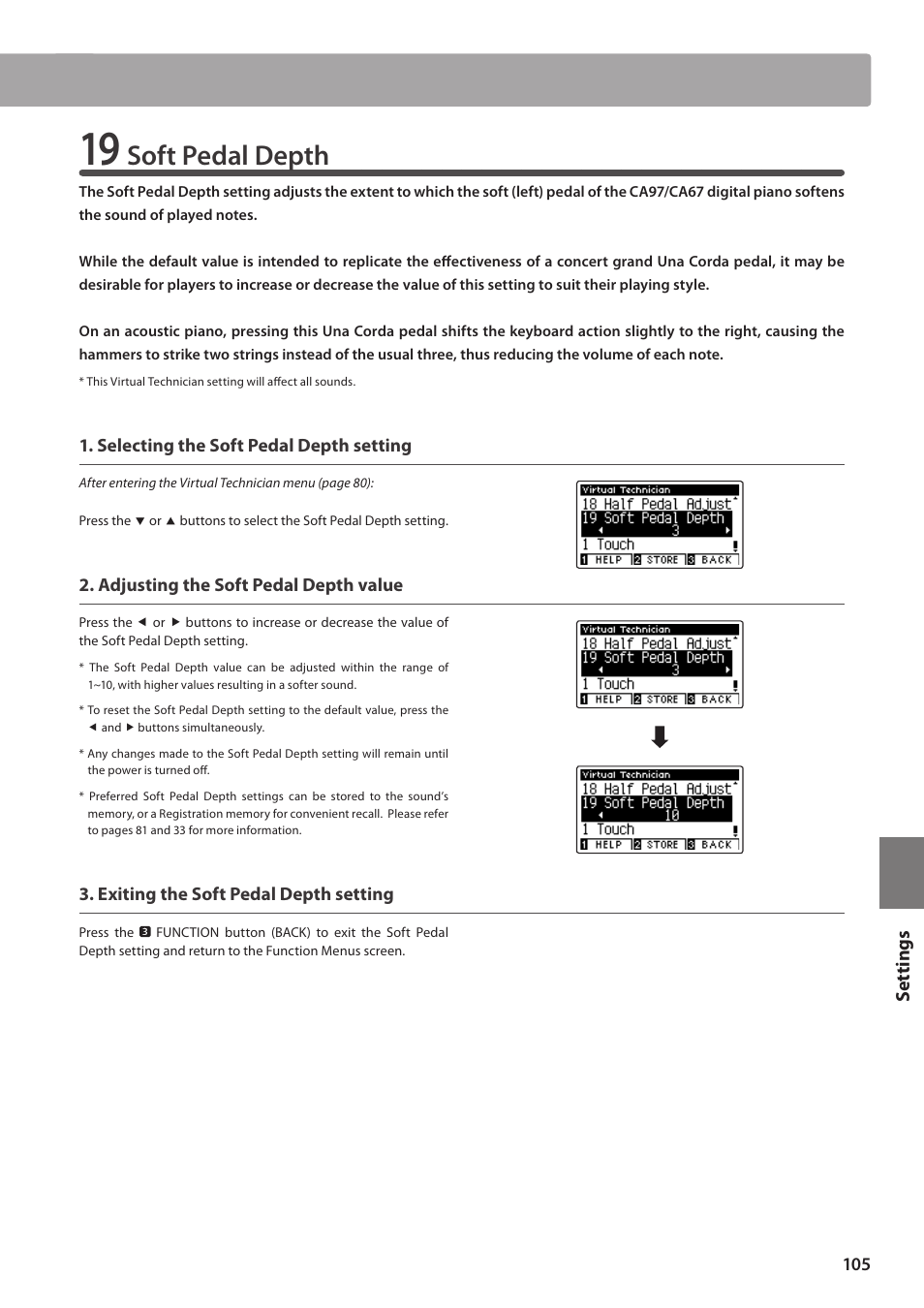 Soft pedal depth, Set tings | Kawai CA97 User Manual | Page 105 / 152