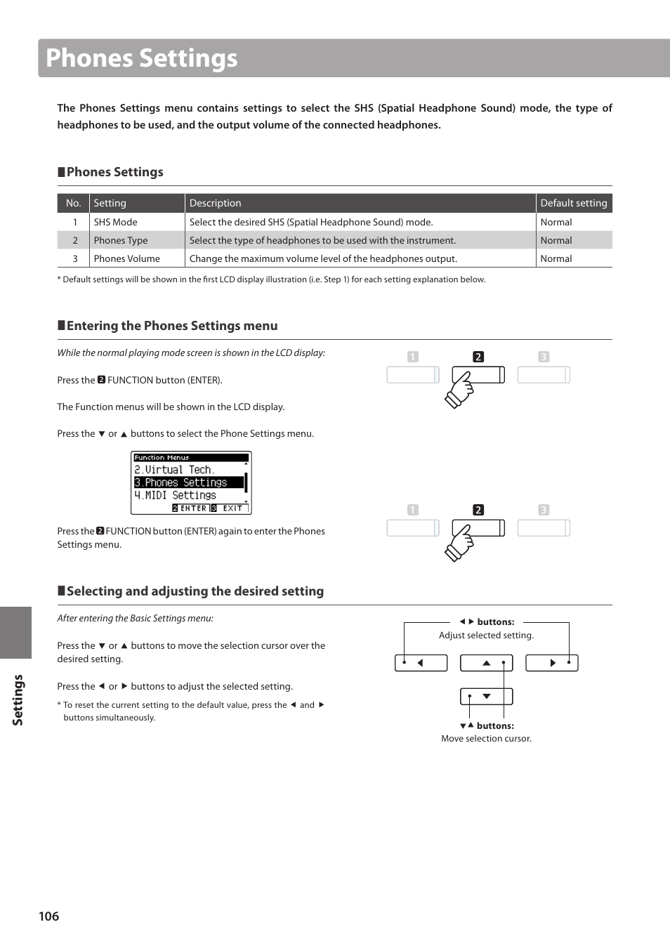 Set tings, Phones settings, Entering the phones settings menu | Selecting and adjusting the desired setting | Kawai CA97 User Manual | Page 106 / 152