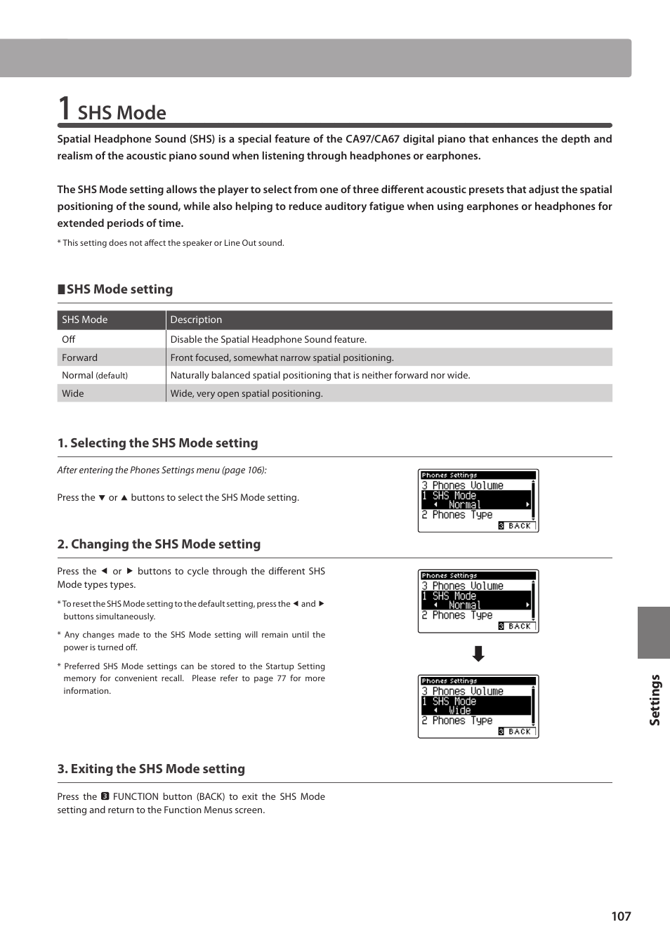 Shs mode, Set tings | Kawai CA97 User Manual | Page 107 / 152