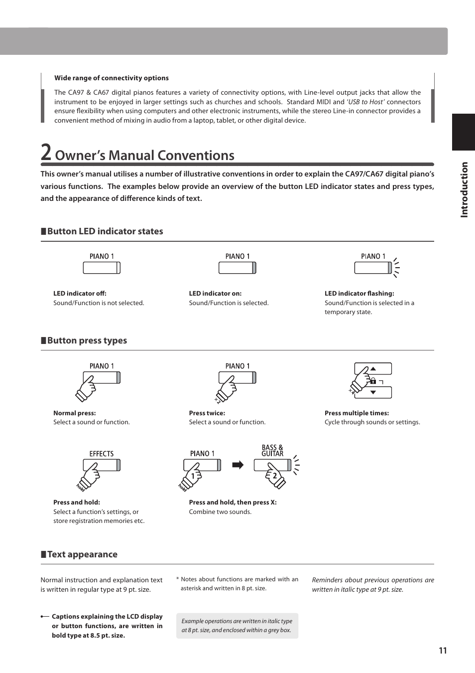 Owner’s manual conventions, Button led indicator states, Button press types | Text appearance | Kawai CA97 User Manual | Page 11 / 152