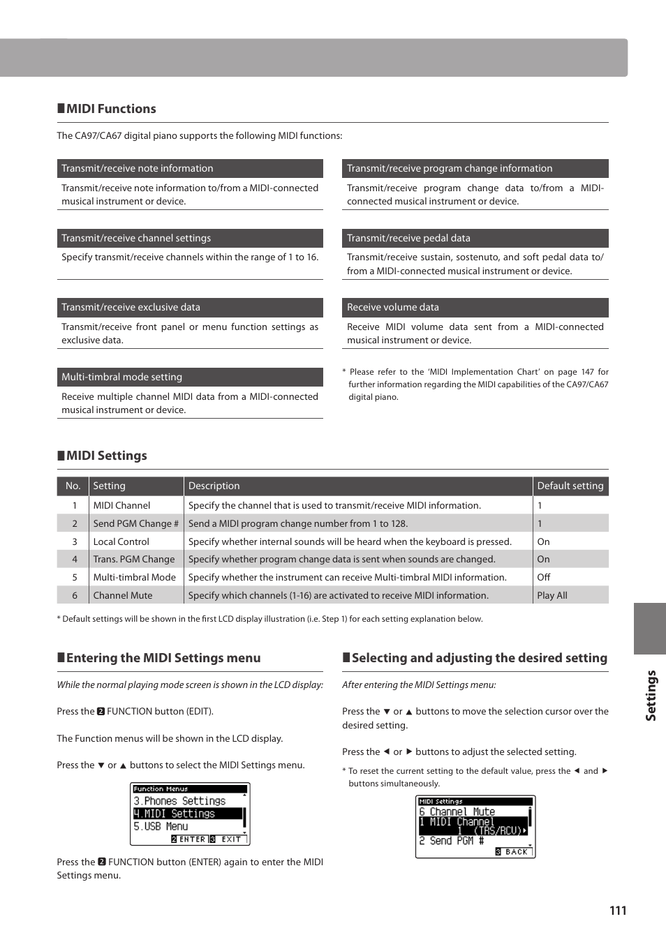 Set tings, Midi functions, Midi settings | Entering the midi settings menu, Selecting and adjusting the desired setting | Kawai CA97 User Manual | Page 111 / 152