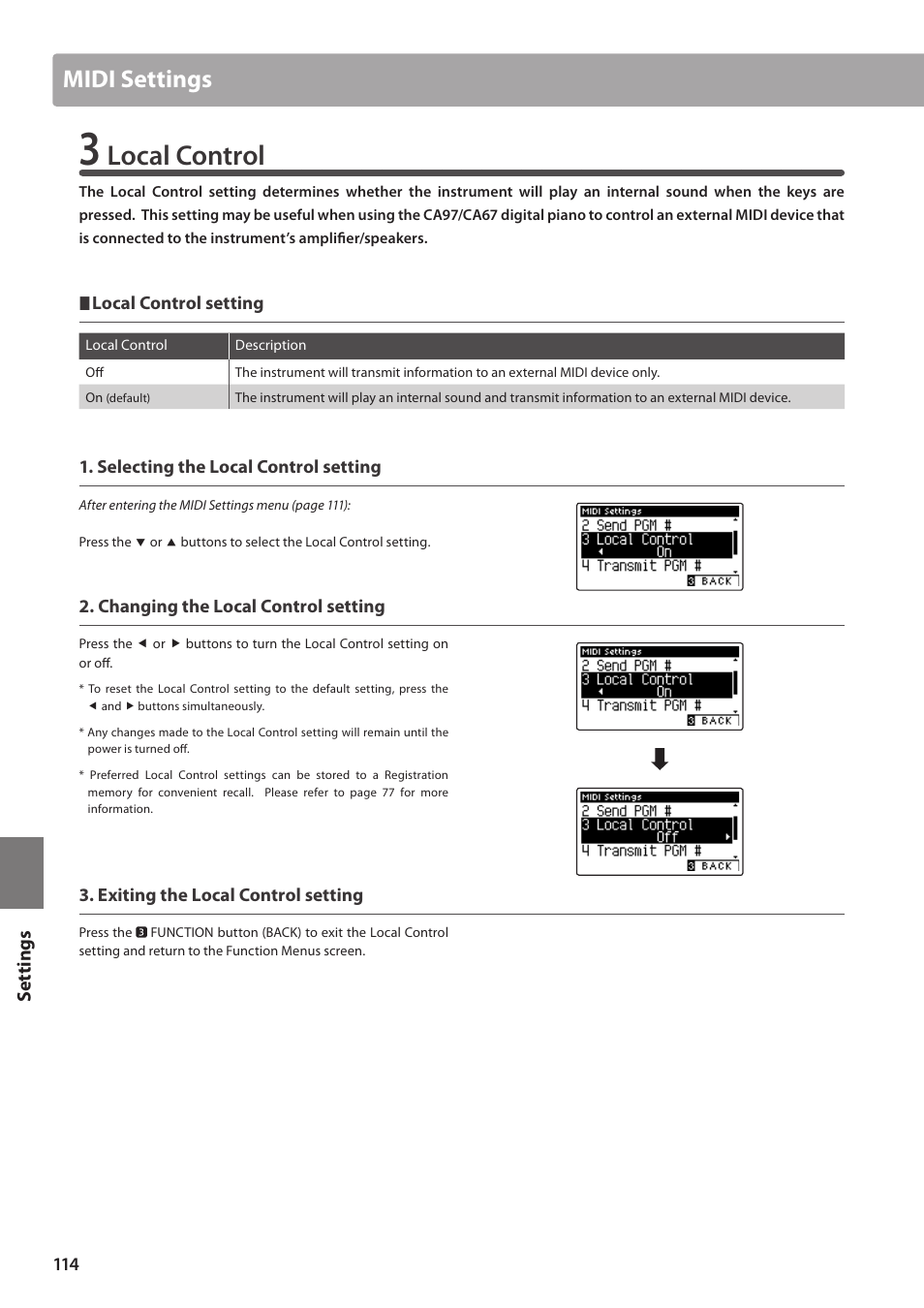 Local control, Midi settings | Kawai CA97 User Manual | Page 114 / 152