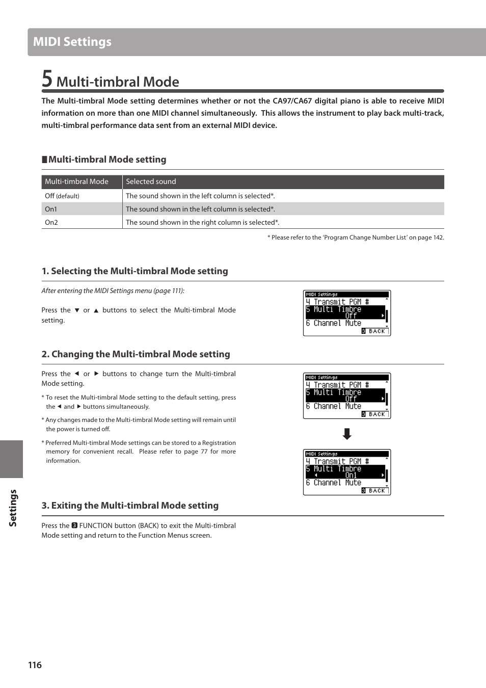 Multi-timbral mode, Midi settings, Set tings | Kawai CA97 User Manual | Page 116 / 152