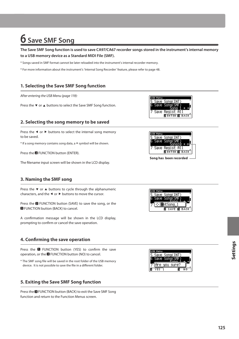Save smf song, Set tings | Kawai CA97 User Manual | Page 125 / 152
