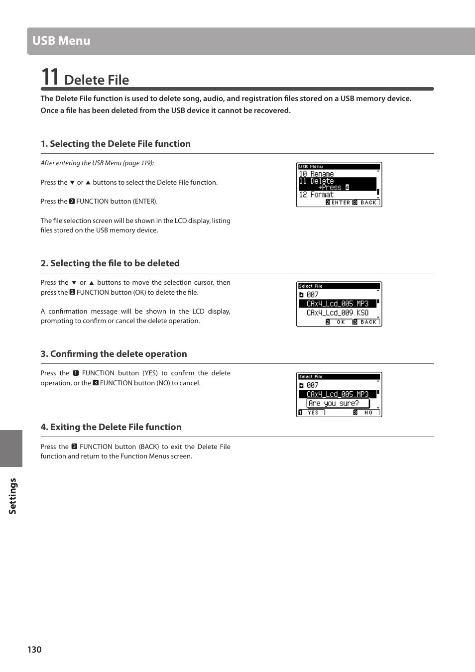 Delete file, Usb menu | Kawai CA97 User Manual | Page 130 / 152