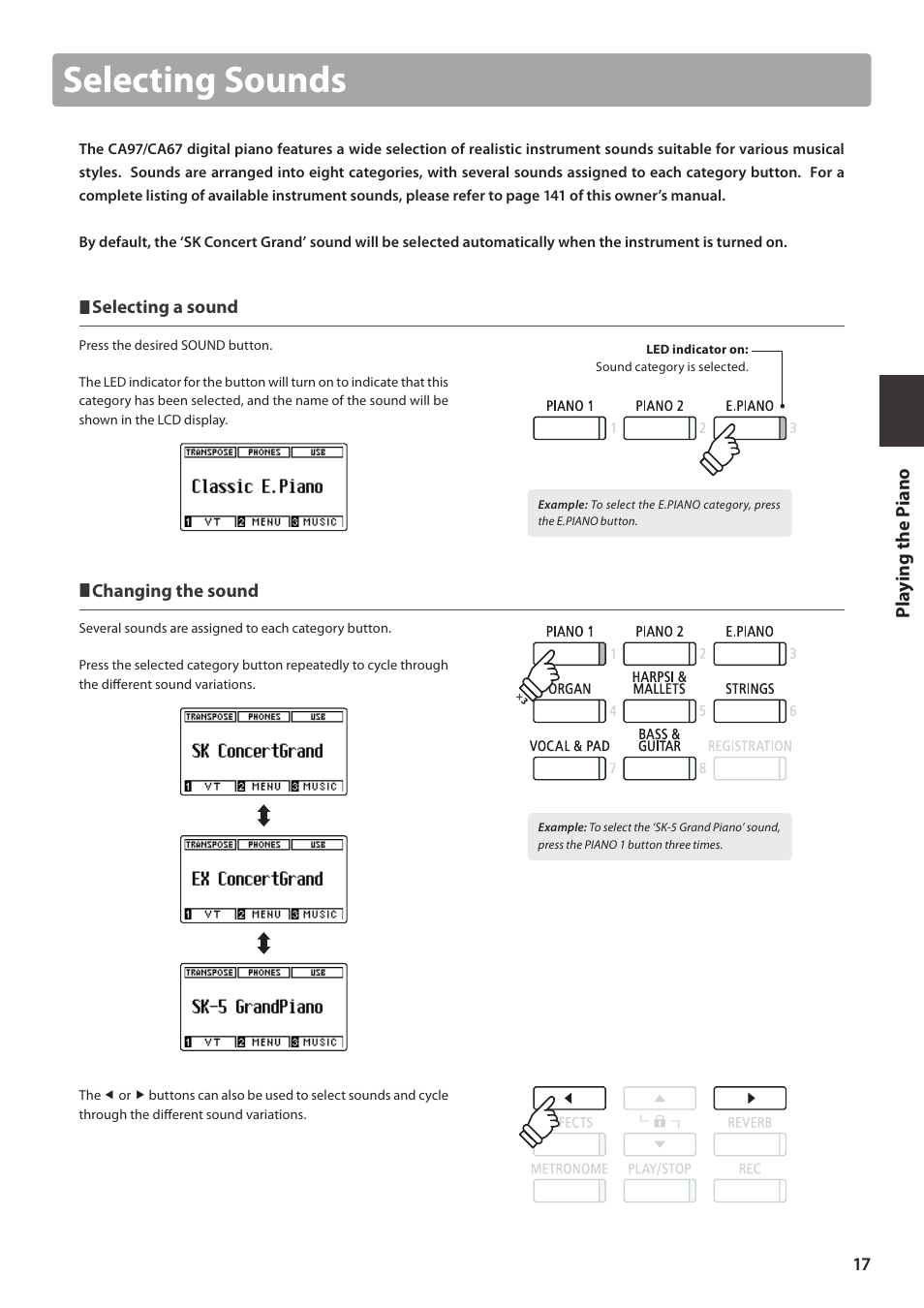 Selecting sounds | Kawai CA97 User Manual | Page 17 / 152