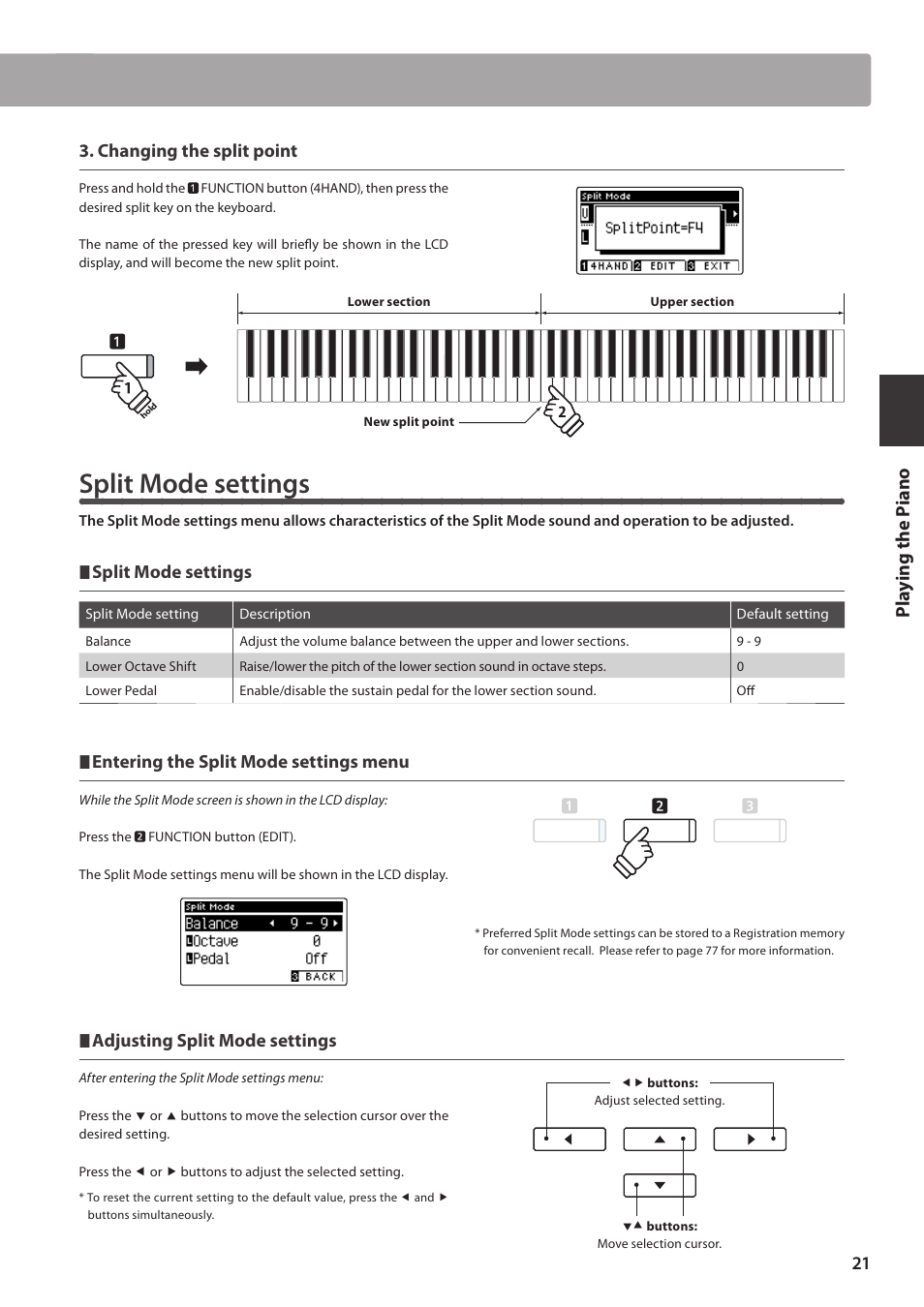 Split mode settings, Pla y ing the p iano, Changing the split point | Entering the split mode settings menu, Adjusting split mode settings | Kawai CA97 User Manual | Page 21 / 152