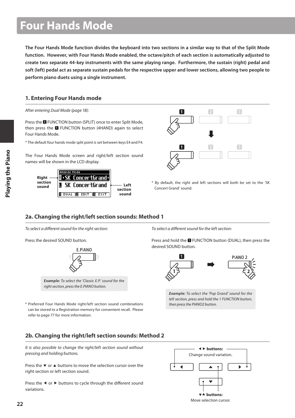 Four hands mode, Pla y ing the p iano, Entering four hands mode | Kawai CA97 User Manual | Page 22 / 152