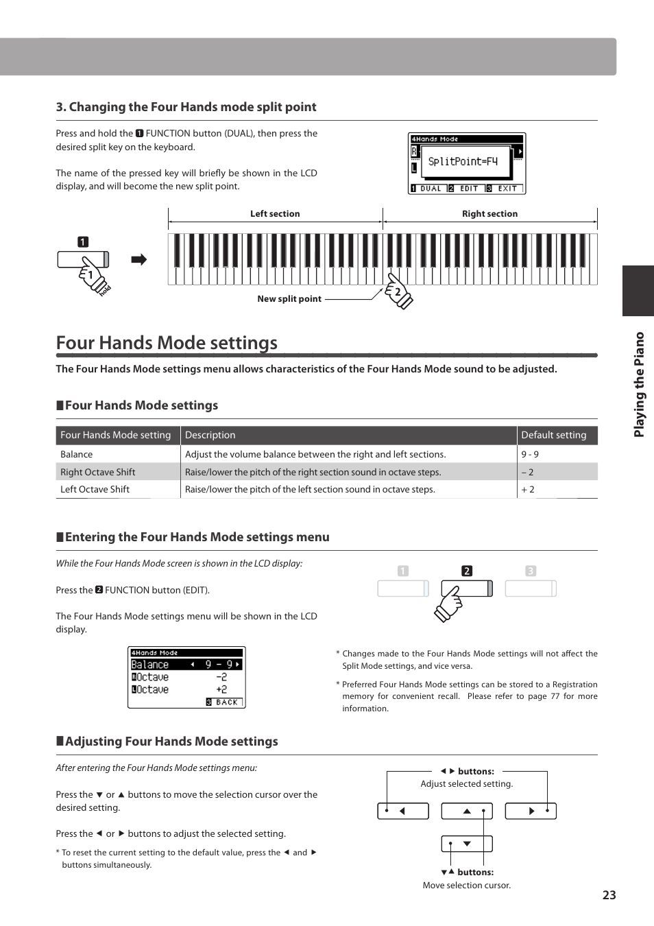 Four hands mode settings, Pla y ing the p iano, Changing the four hands mode split point | Entering the four hands mode settings menu, Adjusting four hands mode settings | Kawai CA97 User Manual | Page 23 / 152