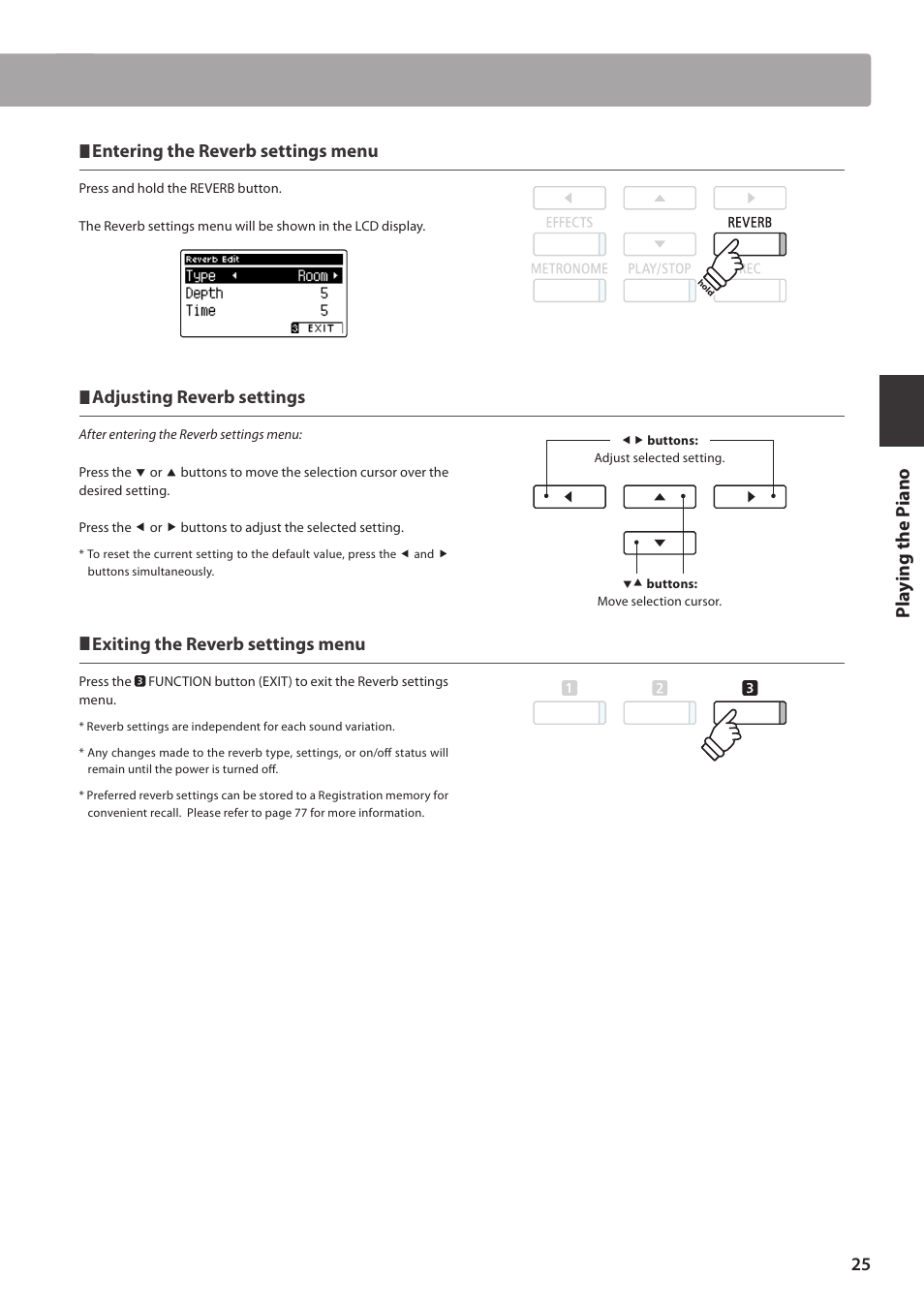 Pla y ing the p iano, Entering the reverb settings menu, Adjusting reverb settings | Exiting the reverb settings menu | Kawai CA97 User Manual | Page 25 / 152