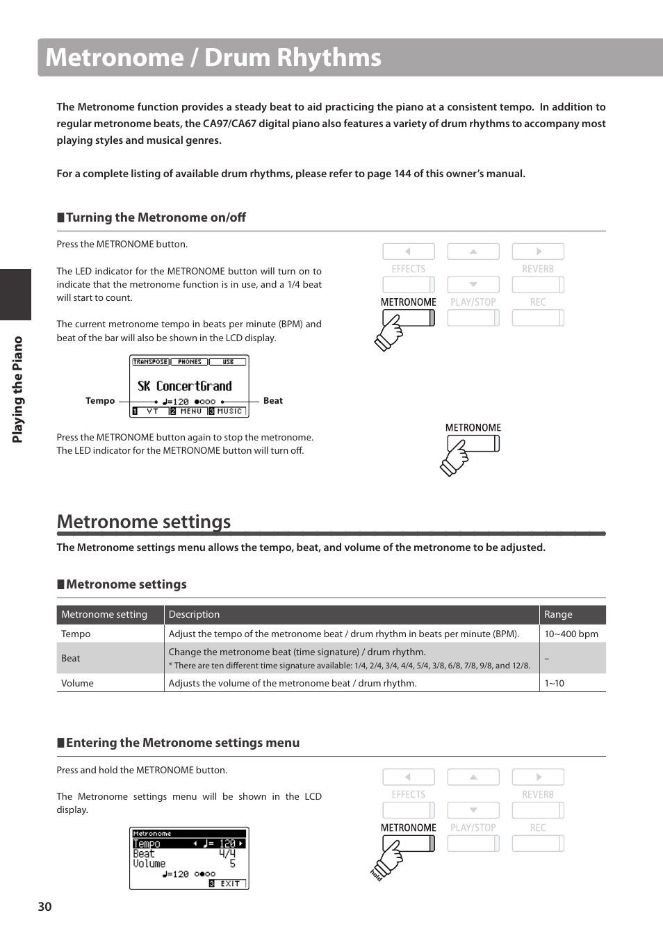 Metronome / drum rhythms, Metronome settings, Pla y ing the p iano | Kawai CA97 User Manual | Page 30 / 152