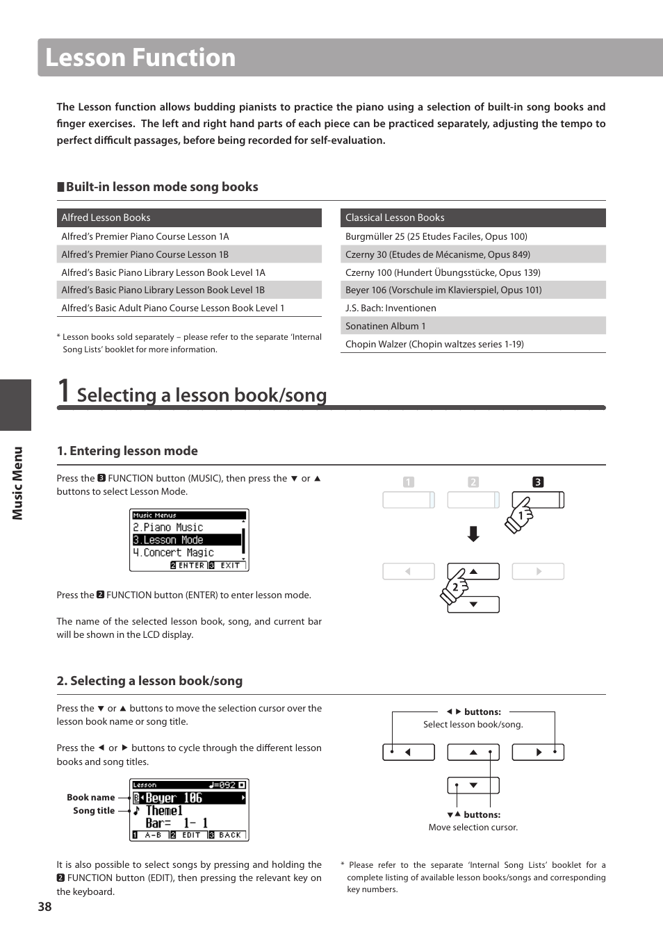 Lesson function, Selecting a lesson book/song, Music m en u | Kawai CA97 User Manual | Page 38 / 152