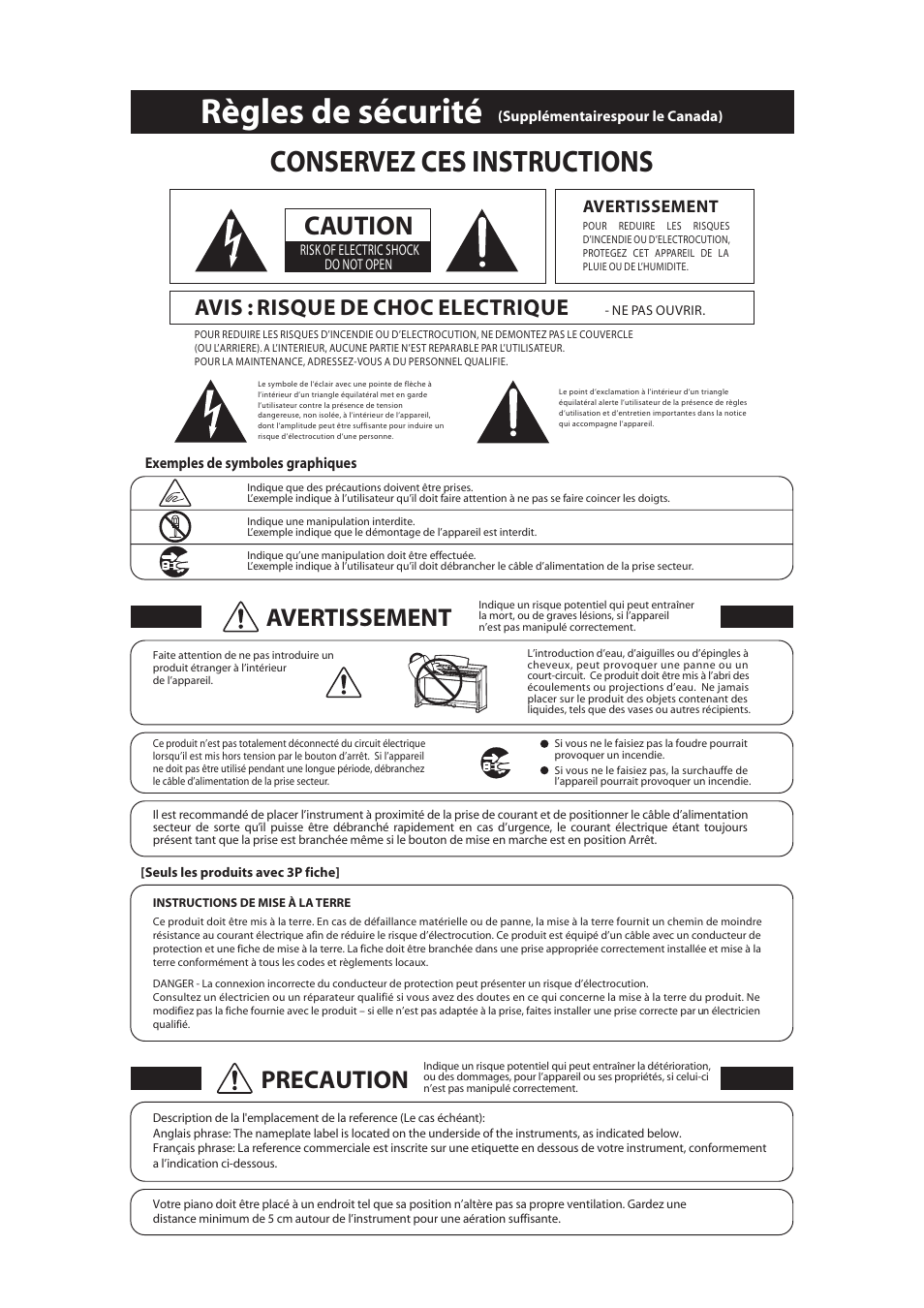 Règles de sécurité, Conservez ces instructions, Caution | Avertissement, Precaution, Avis : risque de choc electrique | Kawai CA97 User Manual | Page 4 / 152