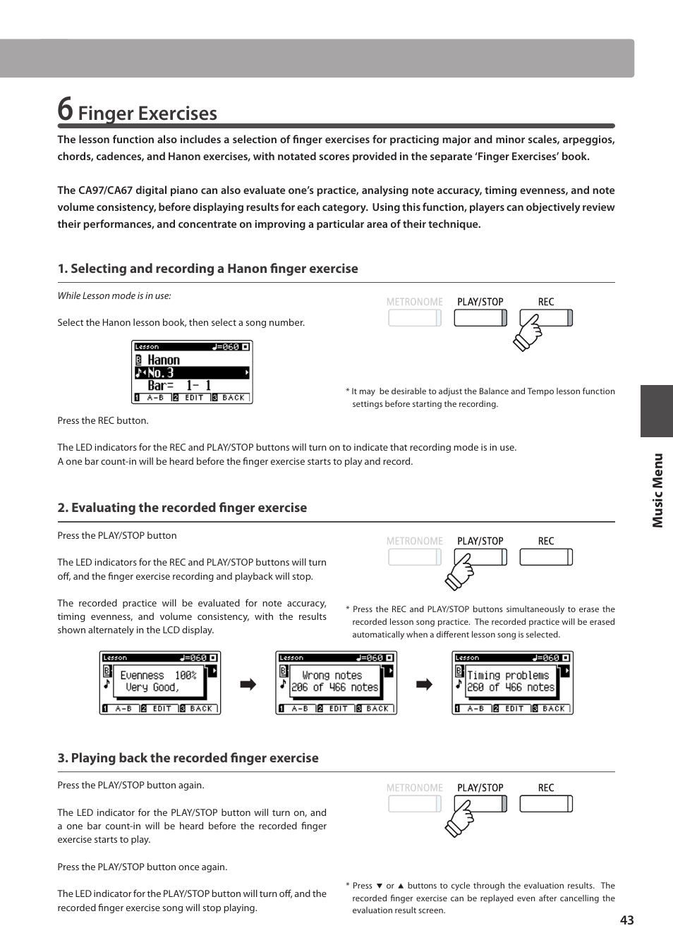Finger exercises, Music m en u | Kawai CA97 User Manual | Page 43 / 152