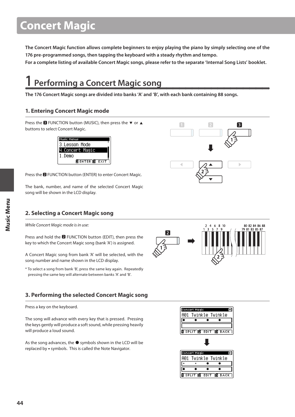 Concert magic, Performing a concert magic song | Kawai CA97 User Manual | Page 44 / 152