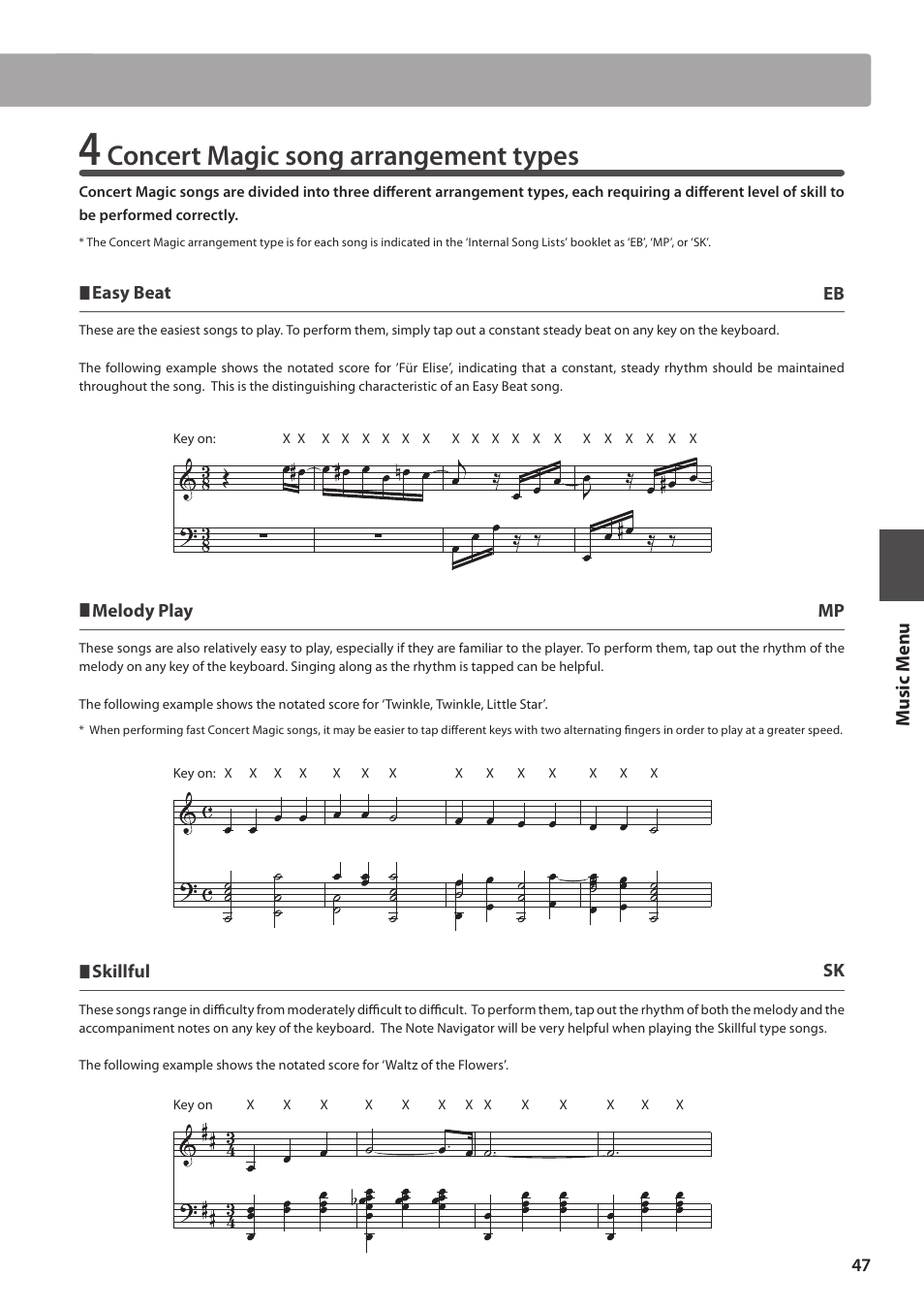 Concert magic song arrangement types, Music m en u | Kawai CA97 User Manual | Page 47 / 152