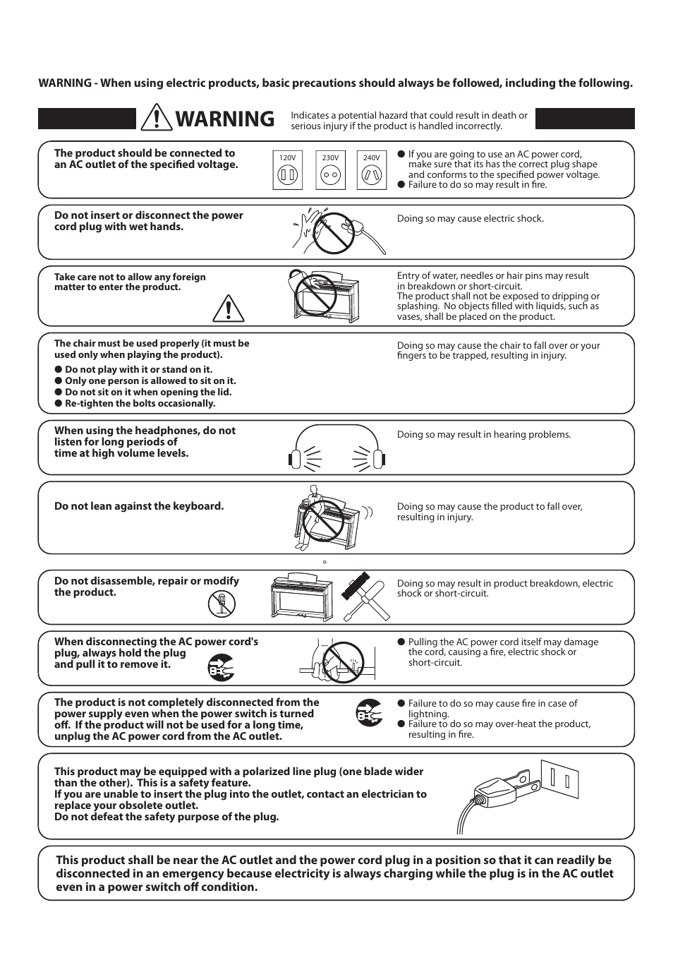 Warning | Kawai CA97 User Manual | Page 5 / 152