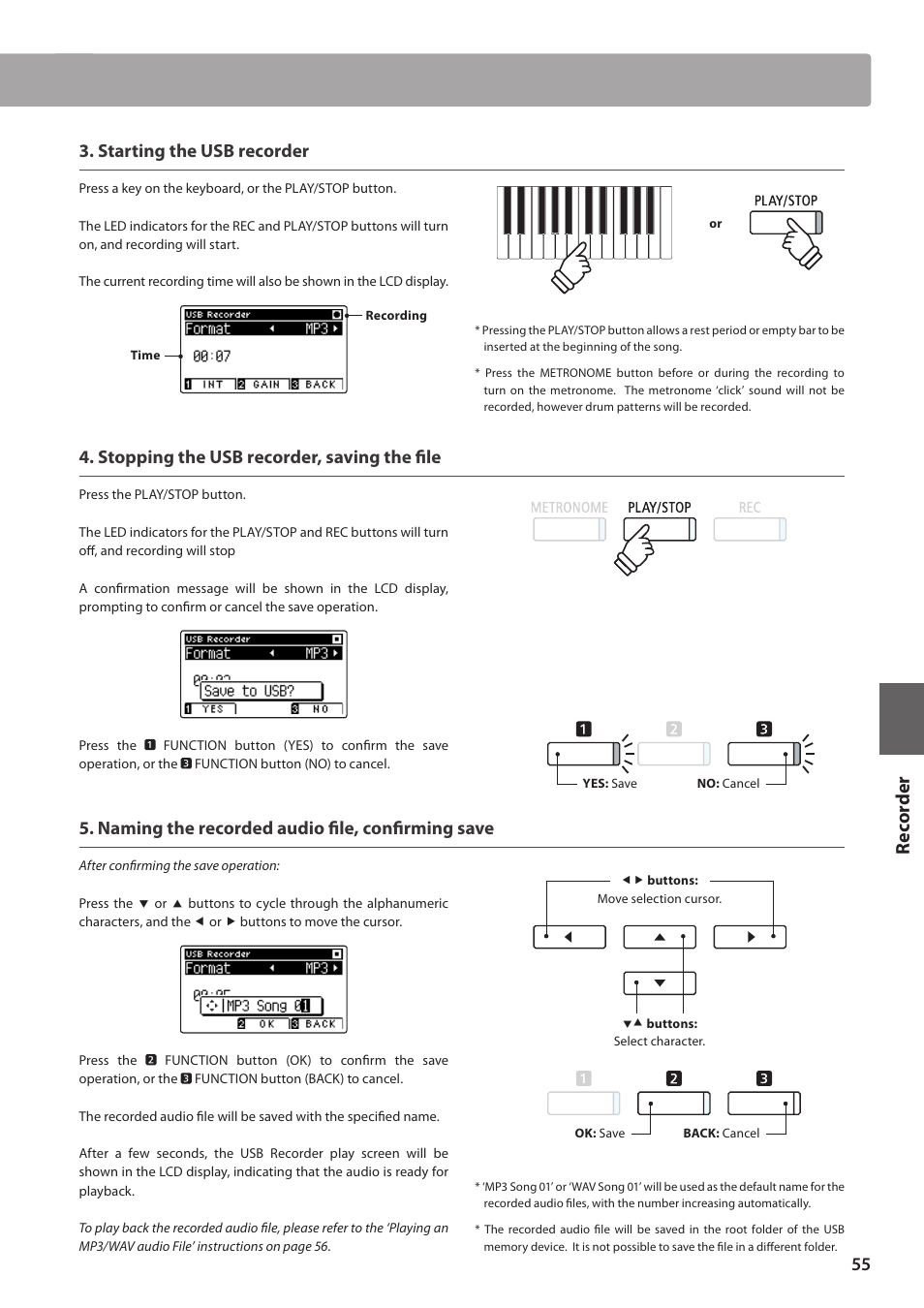 Re corde r, Starting the usb recorder, Stopping the usb recorder, saving the file | Naming the recorded audio file, confirming save | Kawai CA97 User Manual | Page 55 / 152