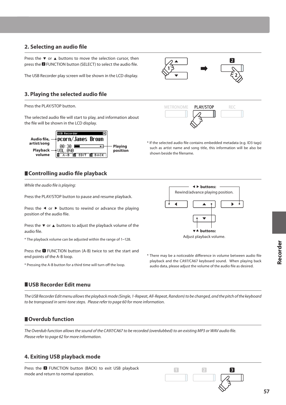 Re corde r, Selecting an audio file, Playing the selected audio file | Controlling audio file playback, Usb recorder edit menu, Overdub function, Exiting usb playback mode | Kawai CA97 User Manual | Page 57 / 152